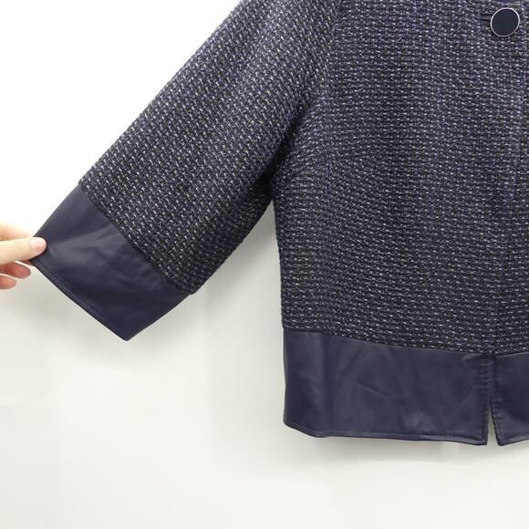 Chicos Shimmer Tweed Wool Jacket Size 3 XL Blue Faux Leather Trim Event Cocktail - Picture 4 of 6